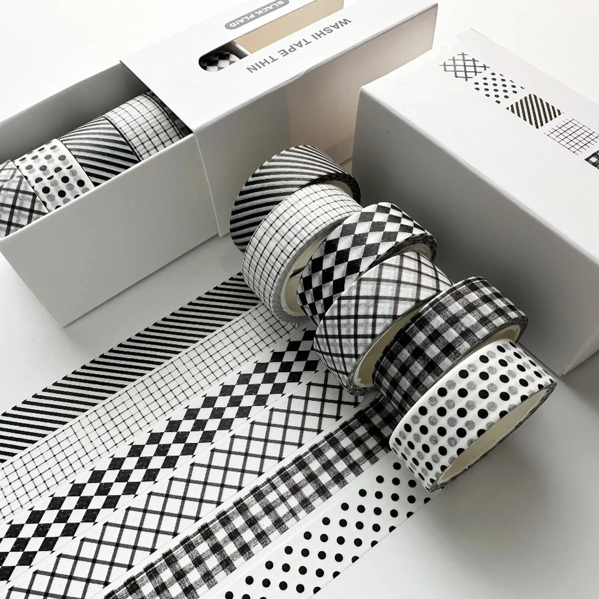 Washi Tape Set 6 Rolls Checked Design – Crafts, Journals & More Decorative Craft Tape Babs Black