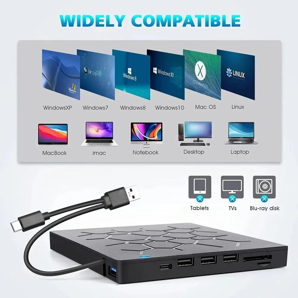 KEBIDUMEI 8-in-1 USB 3.0 External DVD CD Burner & Card Reader External Optical Drive Babs