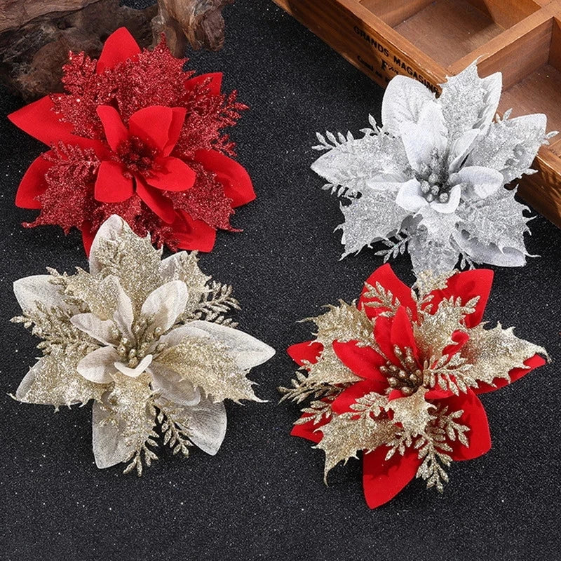 Glitter Artificial Christmas Flowers 5/10Pcs – 14cm Xmas Ornaments Christmas Flower Ornaments Babs