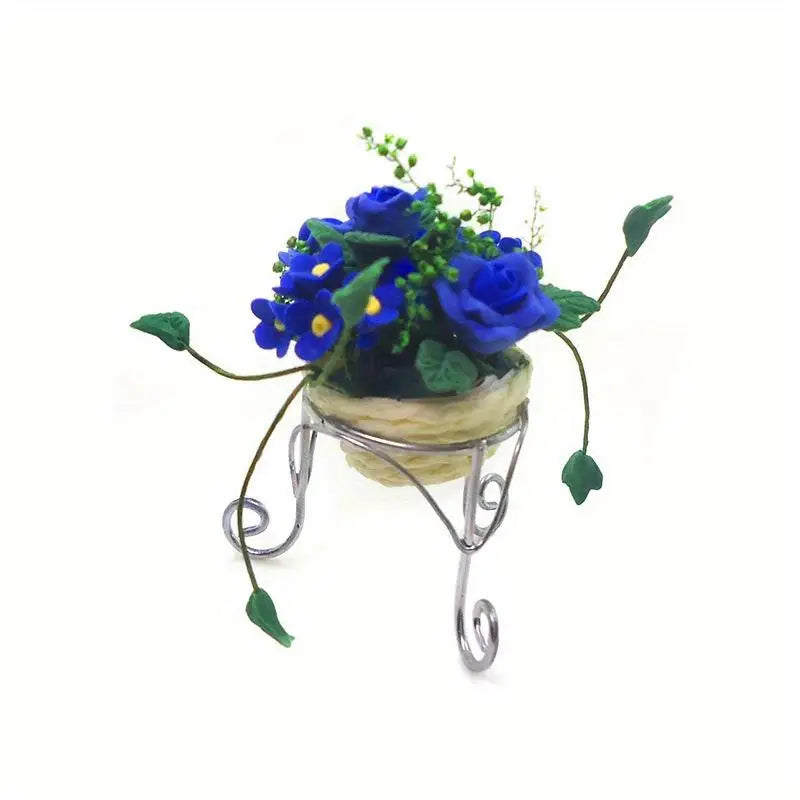 1:12 Miniature Clay Rose Potted Bonsai with Iron Fence Dollhouse Dollhouse Miniature Ornament Babs