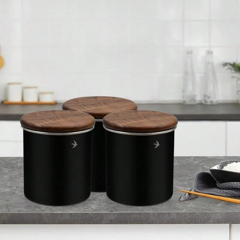 Airtight Stainless Steel Canister with Walnut Wood Lid | Tea & Coffee Food Storage Canister Babs