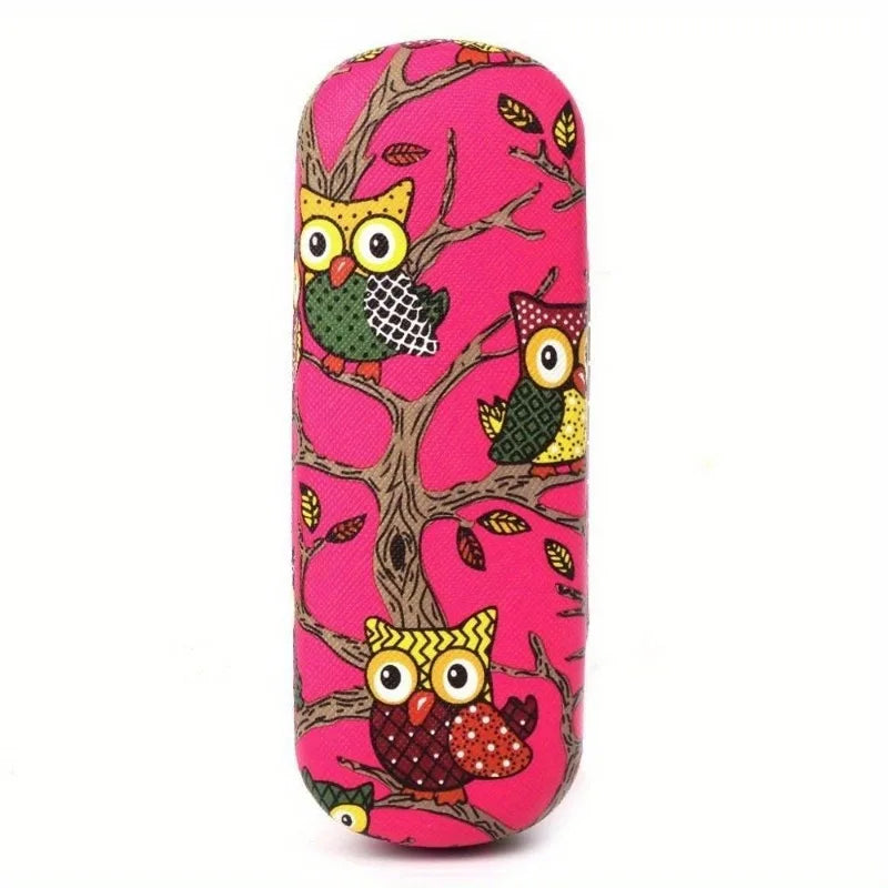 Cute Owl Hard Leather Eyeglasses Case – Portable Glasses Box Eyeglasses Case Babs rose red