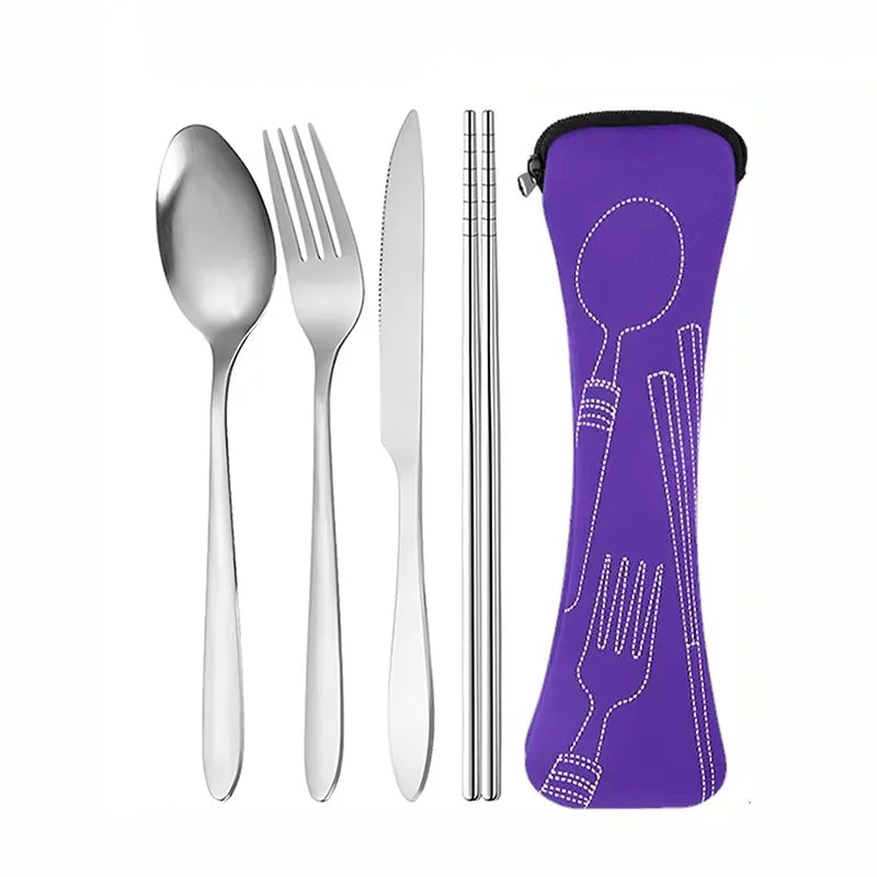 4-Piece Stainless Steel Tableware Set with Storage Bag Tableware Dinnerware Set Babs plum