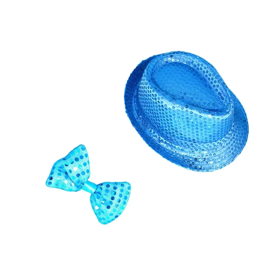 LED Light Up Sequin Jazz Hat & Tie Set | Party Costume LED Party Costume Set Babs light up blue Adult size