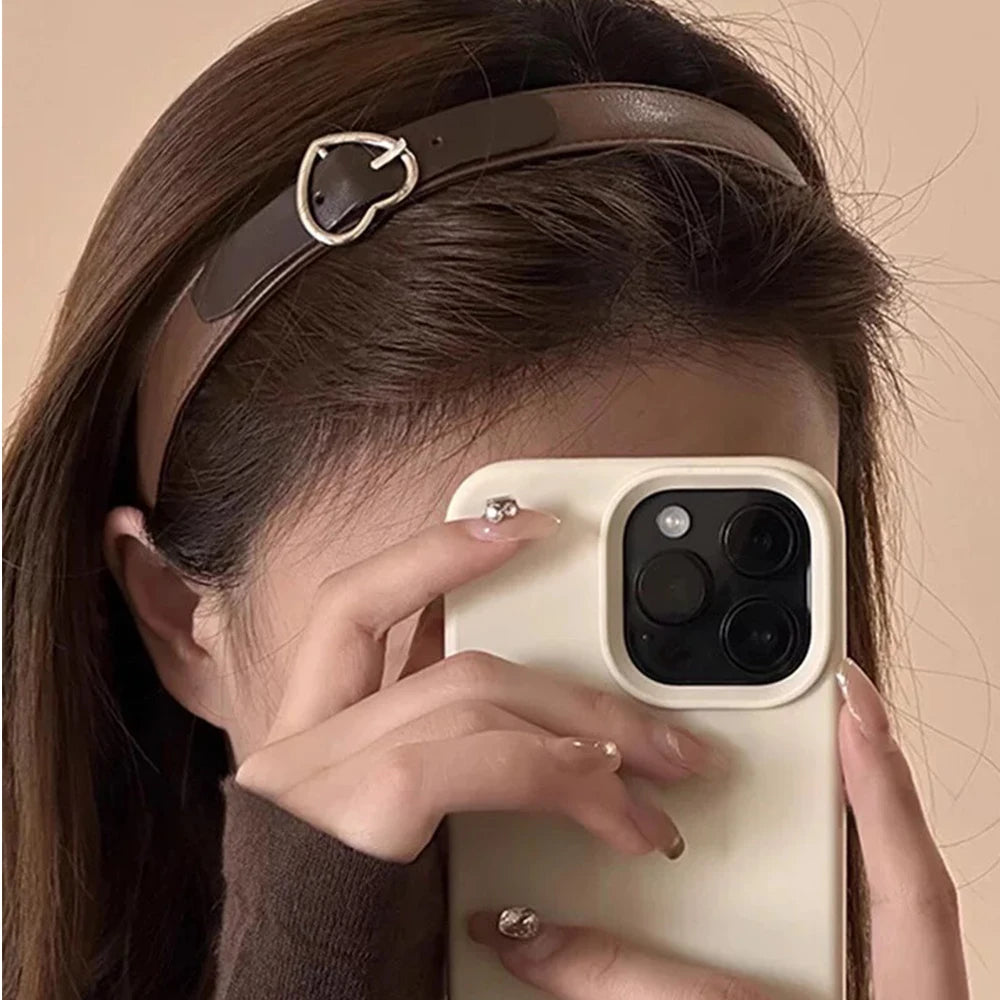 PU Leather Heart Buckle Headband for Women – Coffee Brown Leather Headband Babs