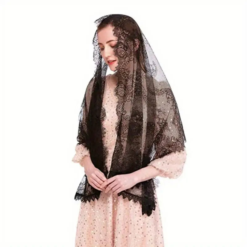 Women's Lace Tassel Mantilla Veil Long Scarf & Shawl Lace Tassel Scarf Babs Black