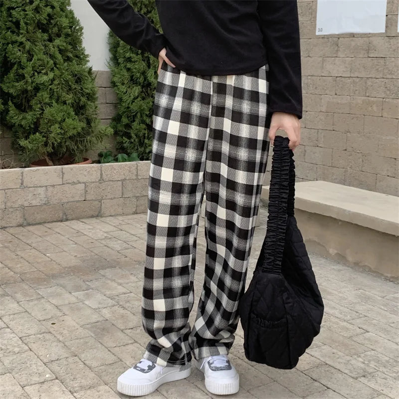 Women's Shearling Lined Plaid Flared Trousers High Waist Fleece Lined Trousers Babs Big Black 1Pairs