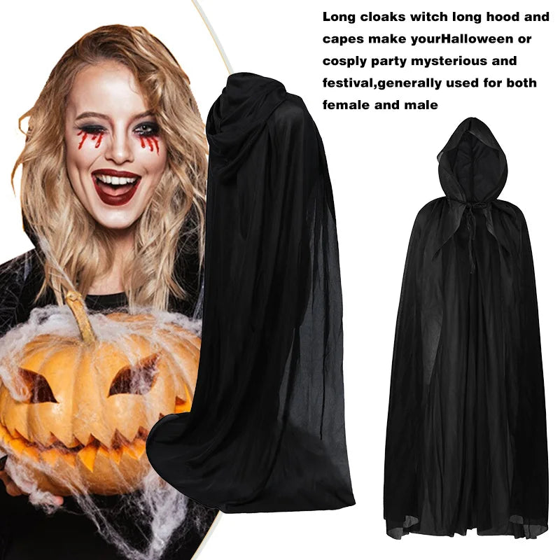 Black Long Hooded Cape – Halloween Witch Costume Cloak 120–140cm Halloween Costume Cape Babs