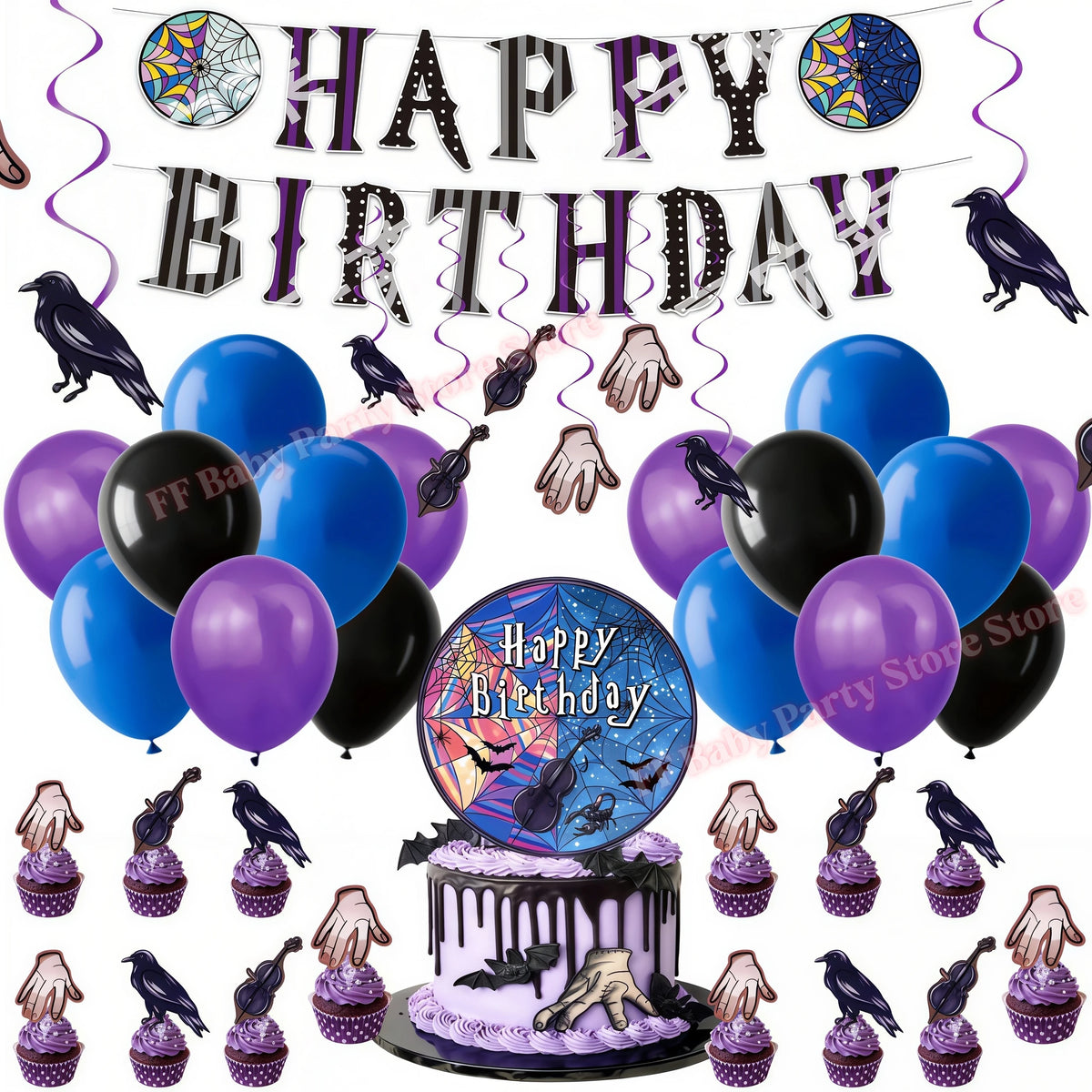 Addams Dark Academia Birthday Party Kit – Balloons, Plates & Backdrop Party Decoration Kit Babs 1set others