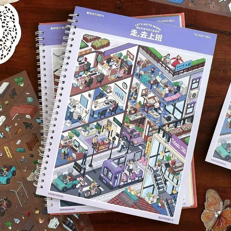 Miniature Scene Sticker Book – 7 Urban Themes, Smudge-Proof DIY Sticker Craft Book Babs