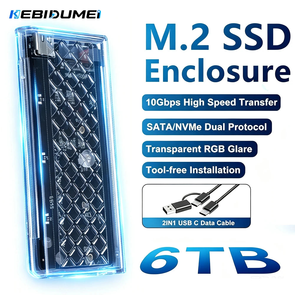 M.2 NVMe & SATA SSD Enclosure RGB 10Gbps USB-C Up to 6TB SSD Hard Drive Enclosure Babs