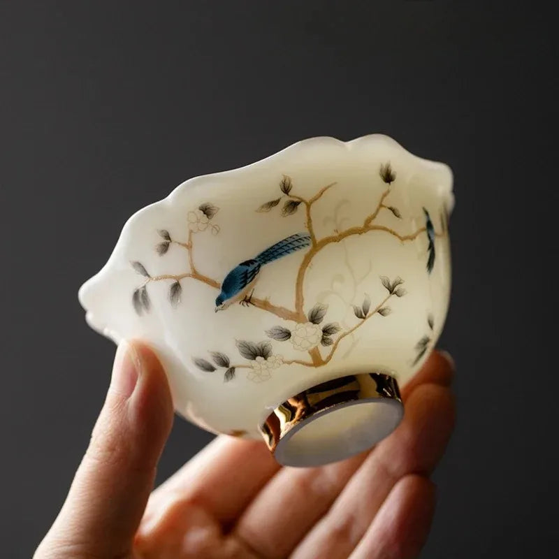Hand Painted Magpie Blossom Ceramic Tea Cup | Gold Trim Ceramic Tea Cup Babs