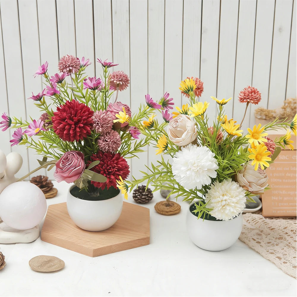 Silk Artificial Potted Flowers – Rose Daisy Dandelion Bonsai Artificial Potted Flowers Babs