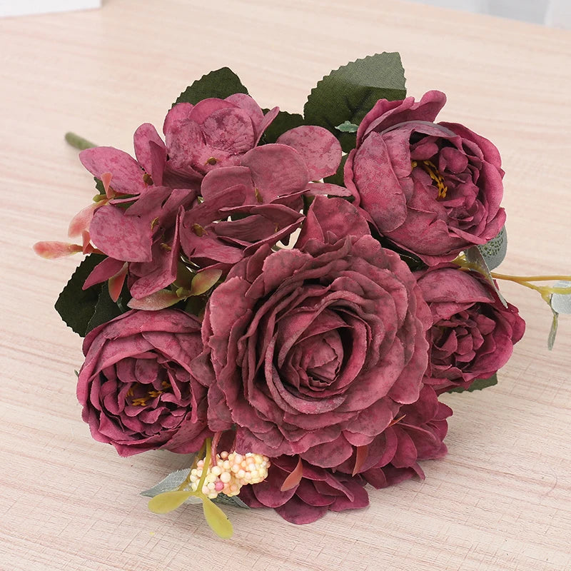 Silk Rose Bridal Bouquet – Artificial Hydrangea & Peony Flowers Artificial Flower Bouquet Babs Red 1PC
