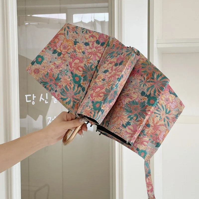 Oil Painting Auto 3-Fold UV UPF50+ Sun & Rain Umbrella Folding Umbrella Babs Manual 8K metal-fiber composite