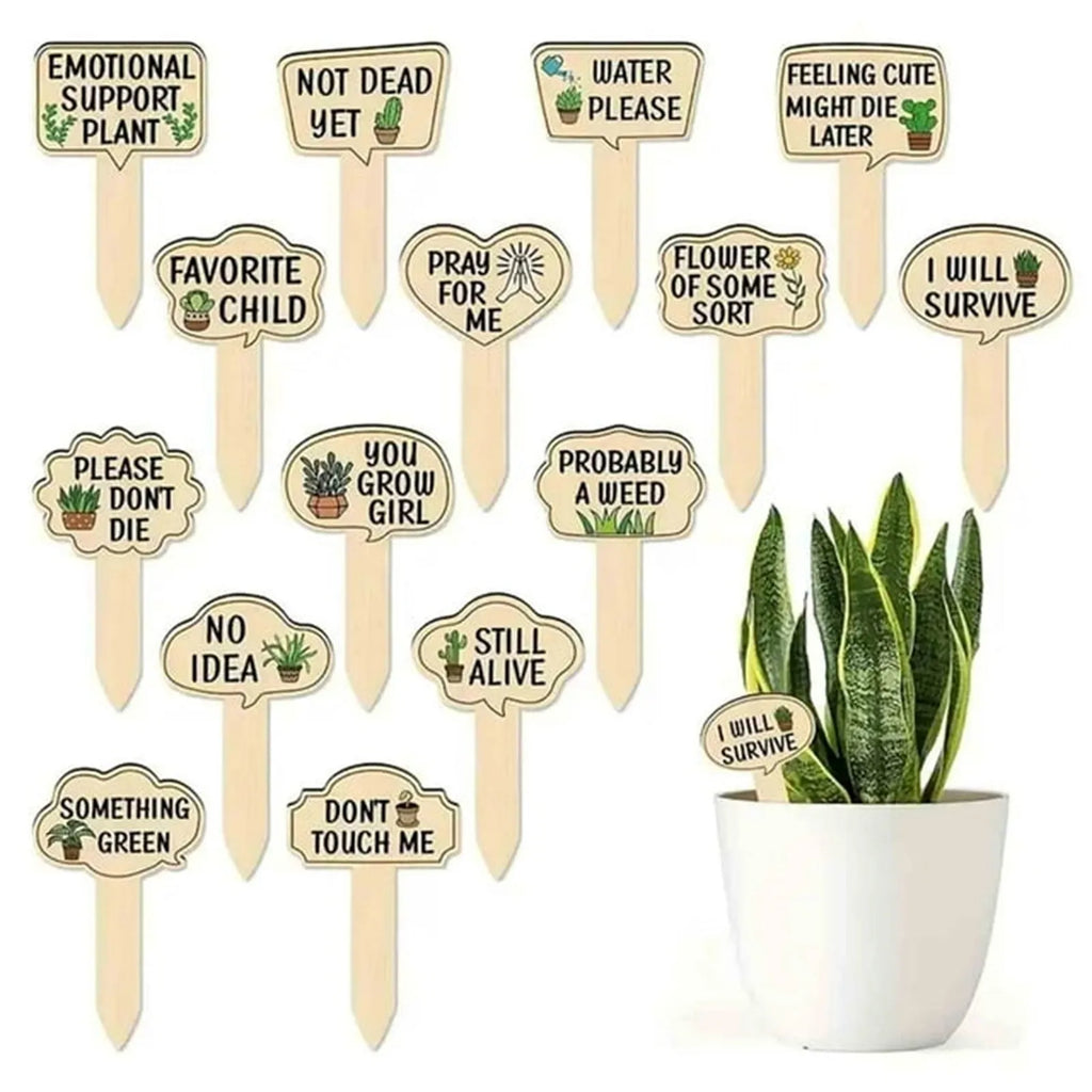 15 Wooden Plant Labels with Slogans – T-Shaped Garden Markers Garden Plant Markers Babs Green One Size