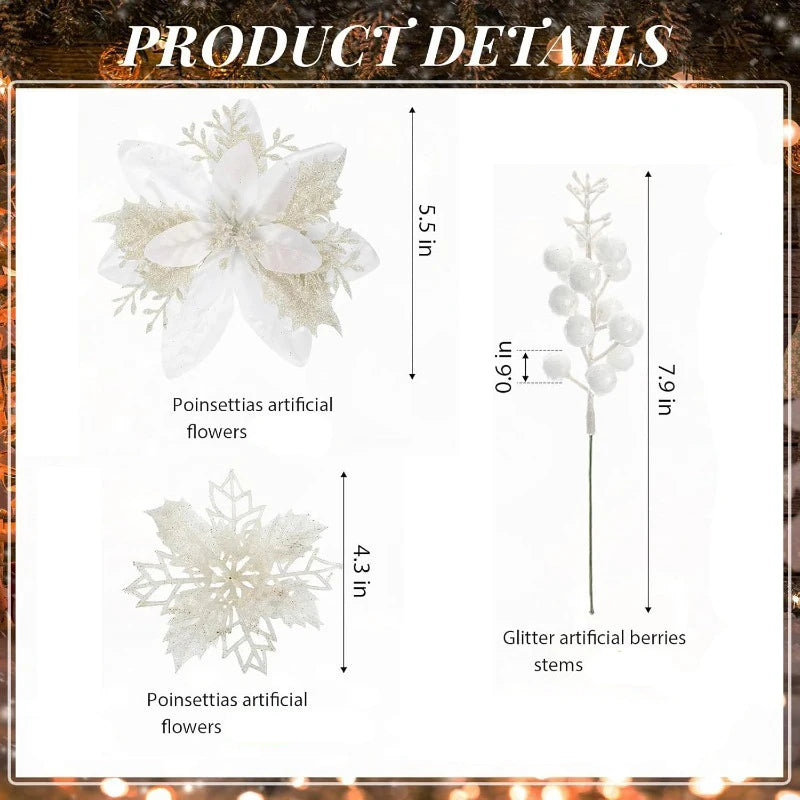 3Pcs White Glitter Artificial Flower Stems Christmas Tree Decor Christmas Tree Picks Babs