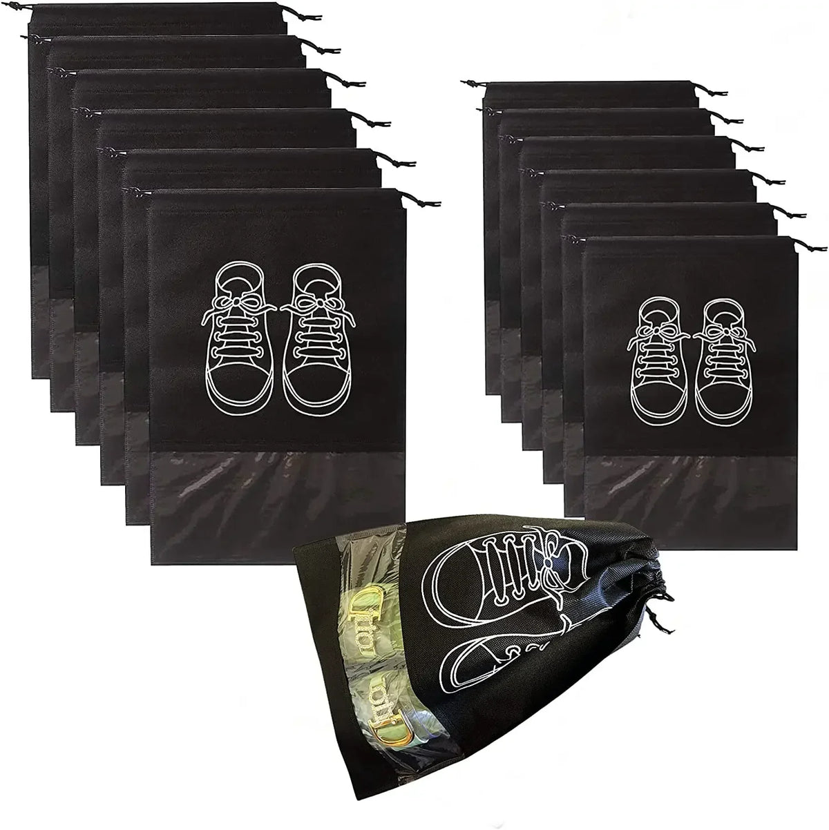 10-Pack Non-Woven Drawstring Shoe Bags for Travel & Storage Shoe Storage Bags Babs black10PCS largesize