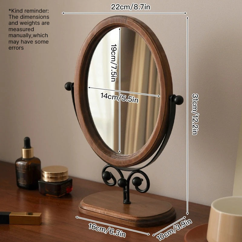 Oval Retro Makeup Mirror – HD 360° Rotating Wooden Frame Vanity Makeup Mirror Babs B