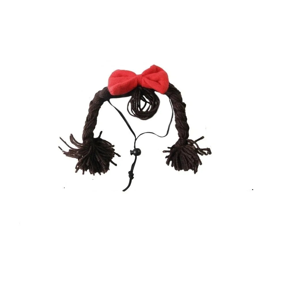 Cute Pet Wig Braid Bow Headgear Cat Cosplay Costume Pet Costume Headgear Babs Brown
