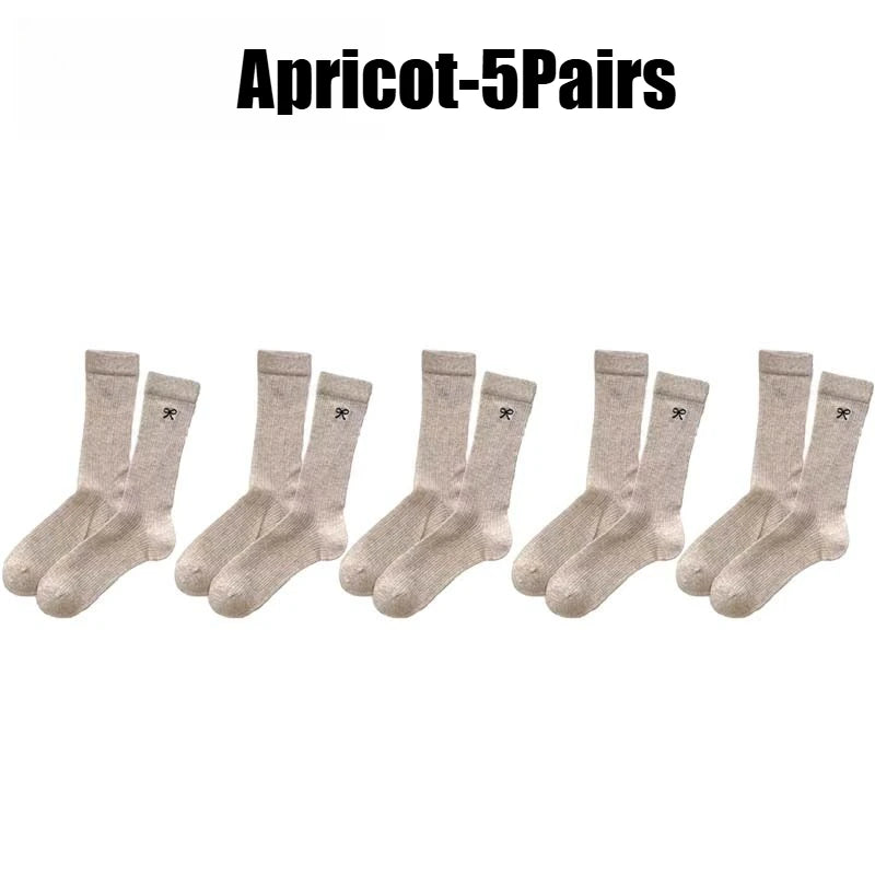 Bowknot Mesh Stacked Socks Korean Preppy Mid-Calf 1-5 Pairs Fashion Socks Babs Apricot-5Pairs 35-39