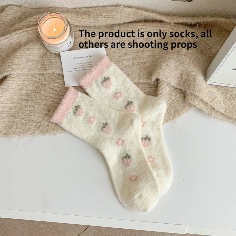 Women's Thick Pink Strawberry Cozy Home Socks – Soft & Warm Casual Cozy Socks Babs vertical strawberry One Size