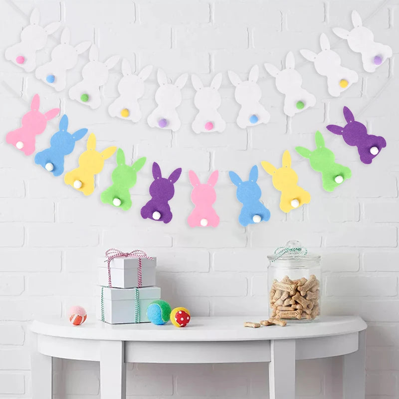 Felt Colorful Rabbit Easter Banner Garland – Party Bunting Flags Easter Party Garland Babs