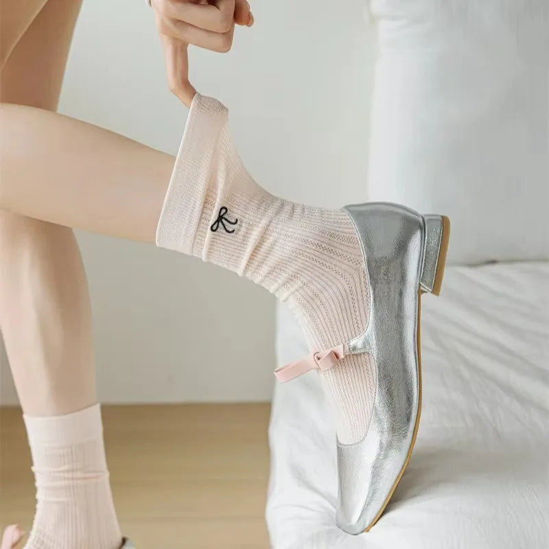 Bowknot Mesh Stacked Socks Korean Preppy Mid-Calf 1-5 Pairs Fashion Socks Babs