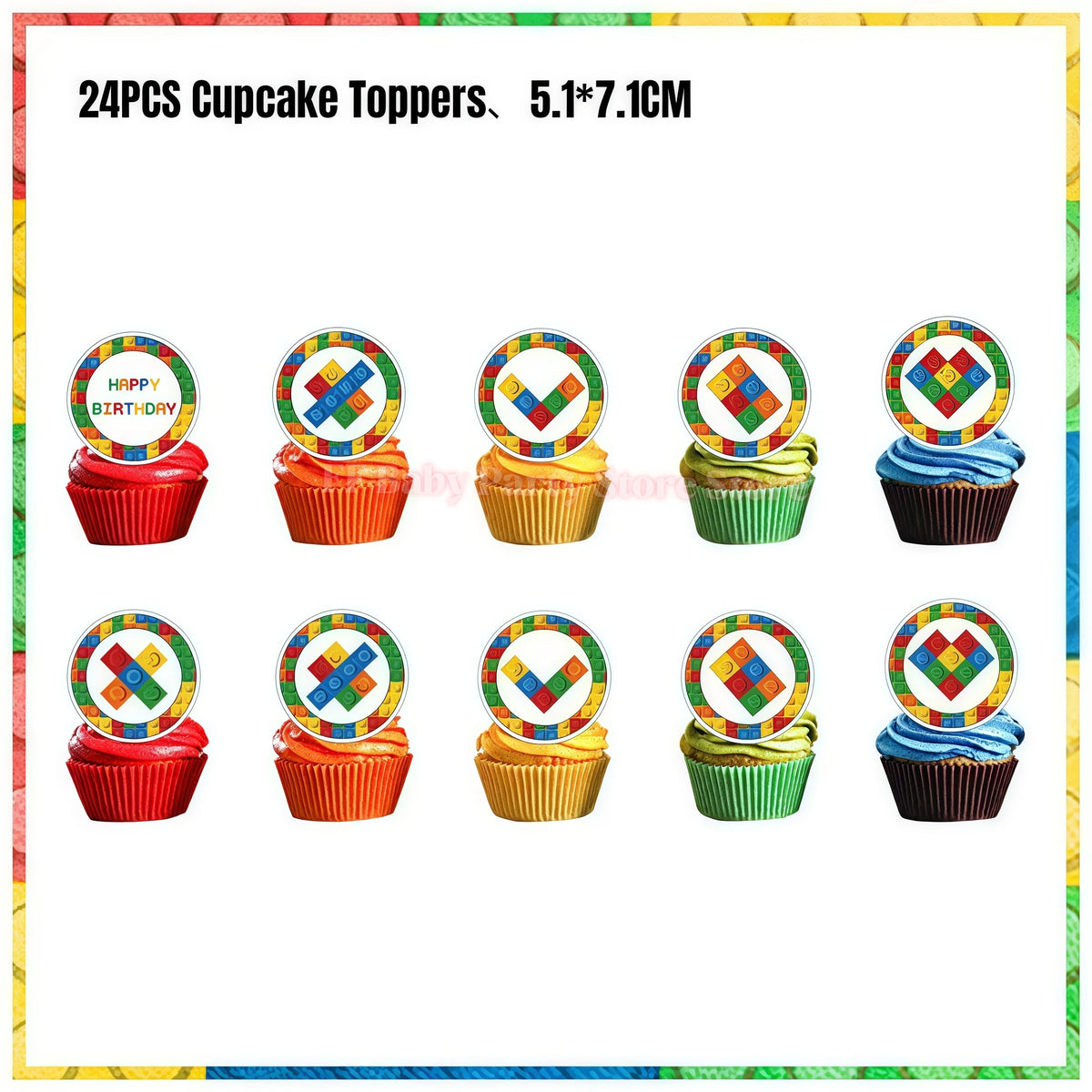 Building Blocks Birthday Party Kit – Plates, Cups, Balloons Party Tableware Kit Babs 24pcs Cupcake topper