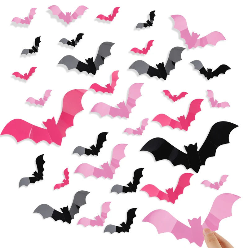 24/48Pcs 3D Halloween Pink Bat Wall & Window Stickers – DIY Decal Halloween Wall Stickers Babs