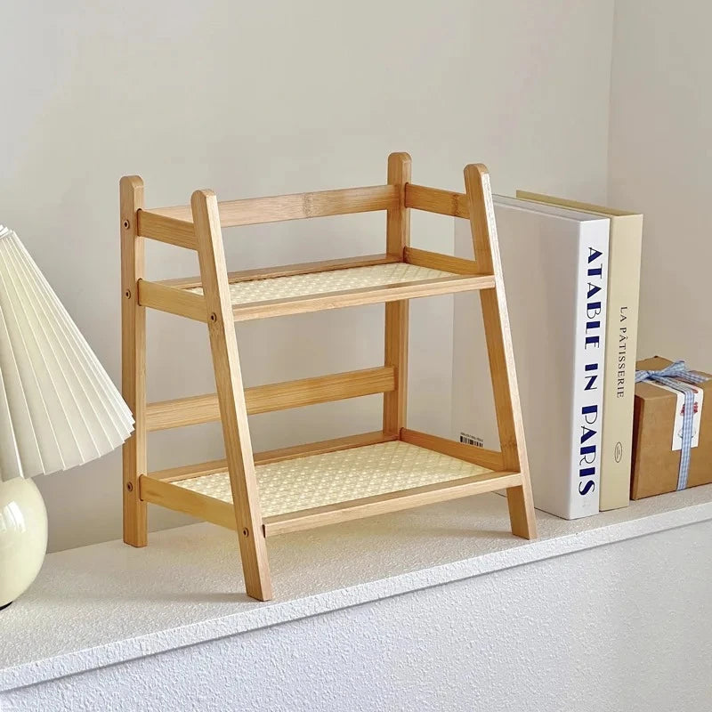 2-Tier Bamboo Rattan Desktop Storage Shelf & Organizer Rack Desktop Storage Shelf Babs