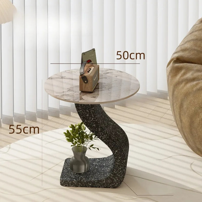 Modern Round Side Table – Rock Slab Top & Iron Frame, 50×55cm Round Side Table Babs Black-with Pattern