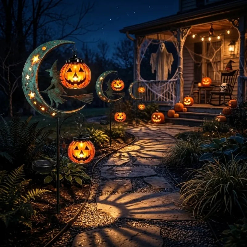 Solar Halloween Stake Lights – Black Cat & Pumpkin Moon Garden Solar Garden Stake Light Babs