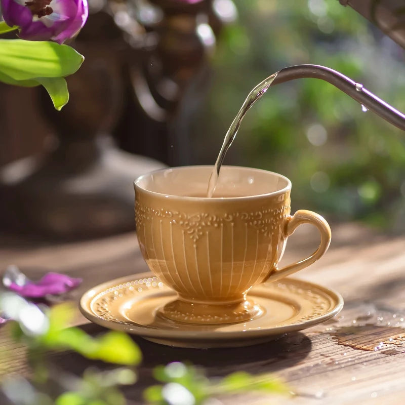 Vintage Embossed Ceramic Cup & Saucer Set | Underglaze Porcelain Ceramic Cup & Saucer Babs