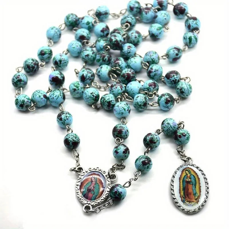 Glass Bead Rosary Necklace – Vintage Catholic Cross Pendant Rosary Necklace Babs