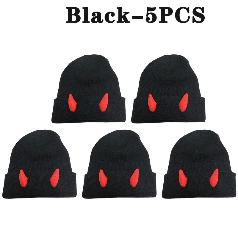 Devil Horn Knit Beanie Hat – Funny Costume Cap for Teens & Adults Novelty Knit Beanie Babs Black-5PCS