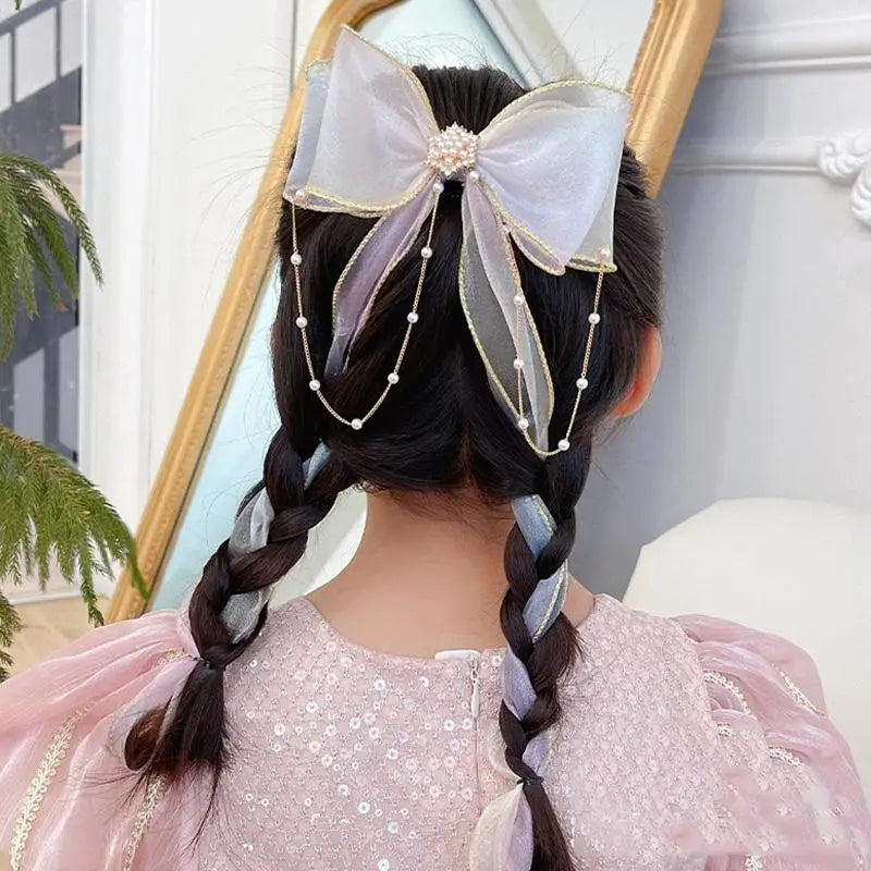 Pearl Chain Mesh Hair Bows Tassel Ponytail Clips for Girls Girls Hair Bow Clip Babs