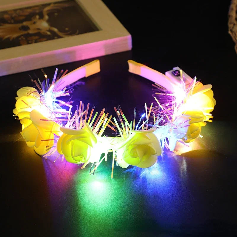 10pcs Light-Up Flower Crown Headbands – Glowing Party Wreath LED Party Headband Babs