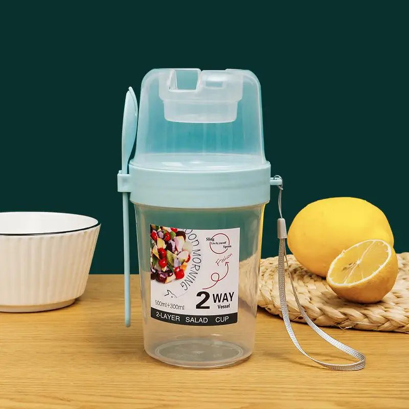 Two-Layer Yogurt Salad Cup with Lid, Spoon & Sauce Cup Food Storage Container Babs Blue