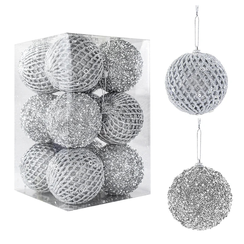 12Pcs 8cm Glitter Christmas Ball Ornaments White & Red Christmas Ball Ornaments Babs Silver 8cm