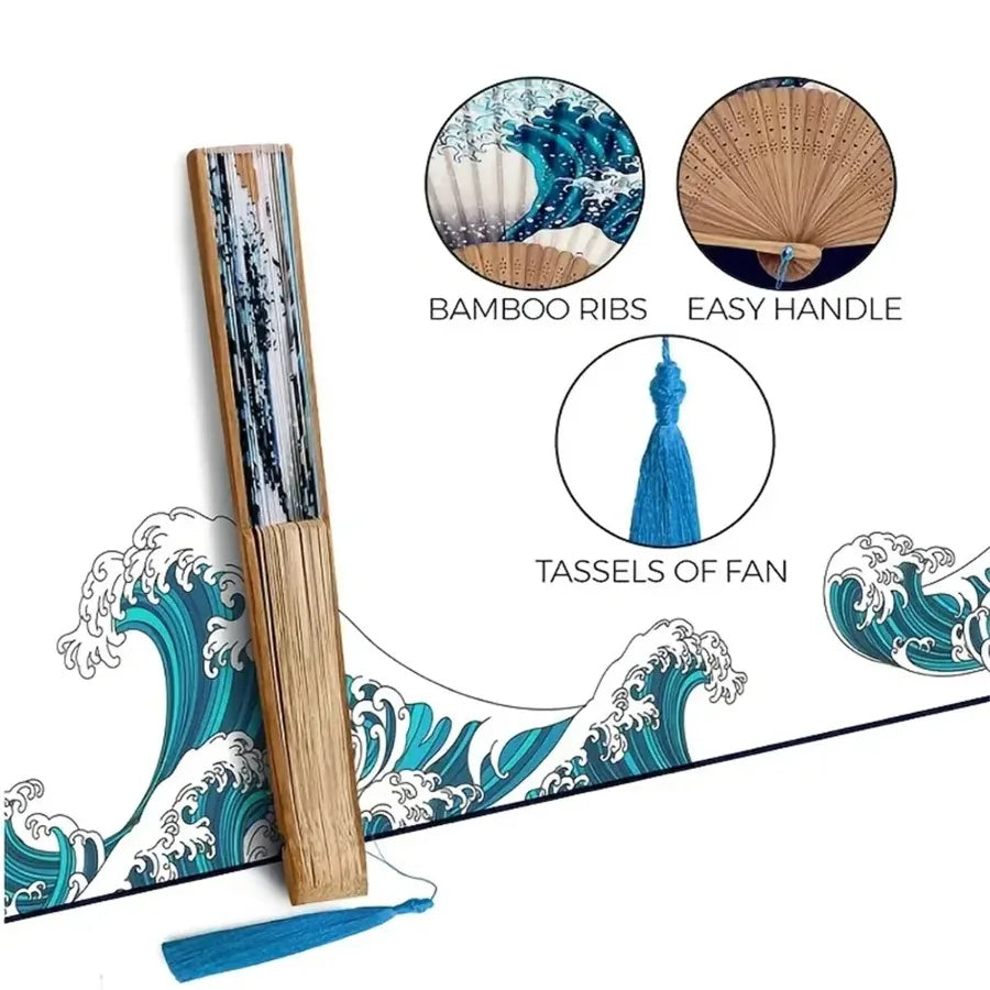 Japanese Folding Fan – Handmade Kanagawa Wave Vintage Hand Fan Decorative Hand Fan Babs