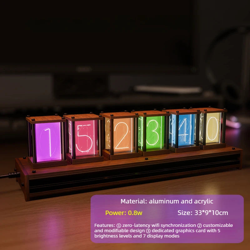 RGB Glow Tube Desk Clock – LED Color-Changing Digital Table Clock LED Desk Clock Babs Walnut Base