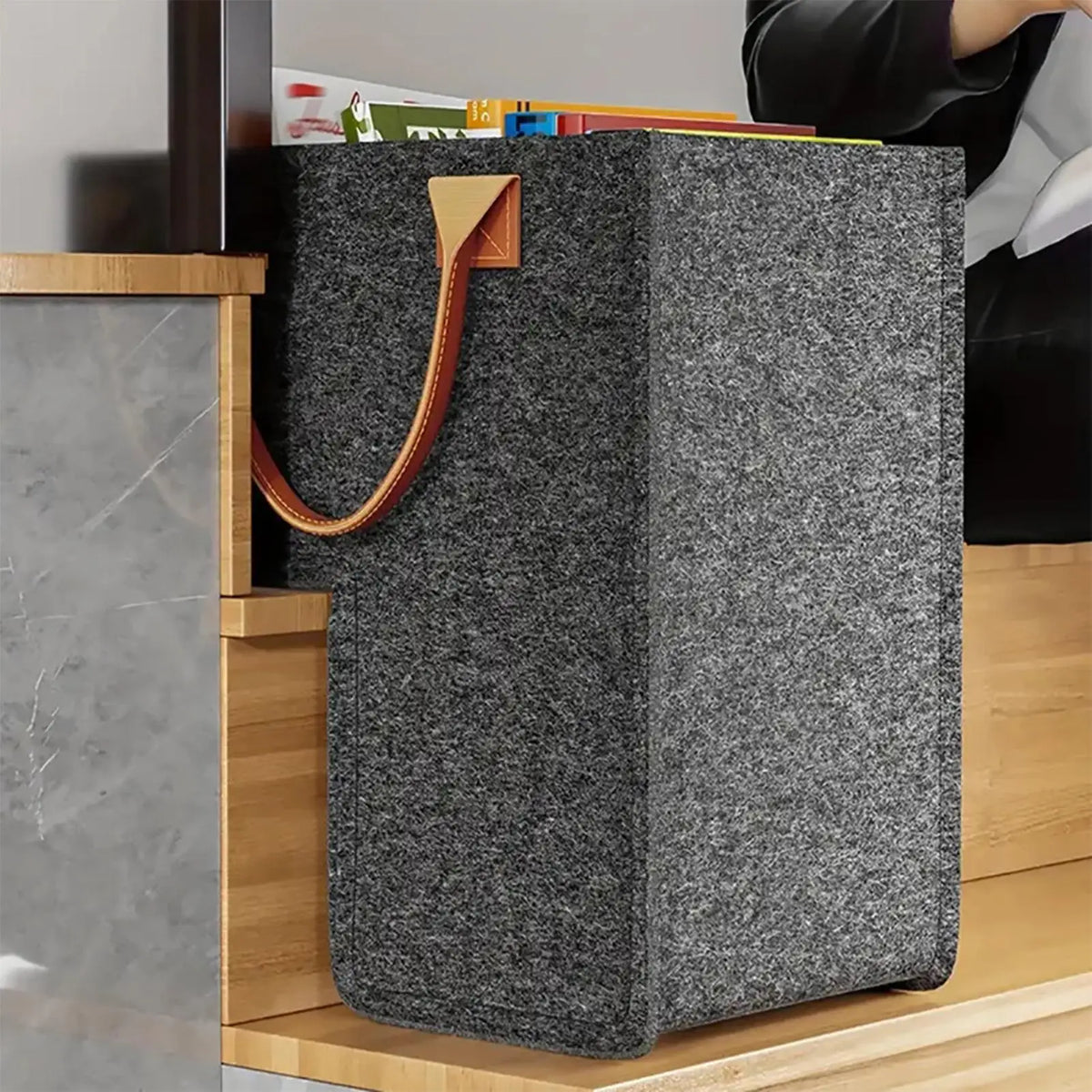 Felt L-Shape Stair Basket with PU Handles | Dark Gray Stair Storage Basket Babs