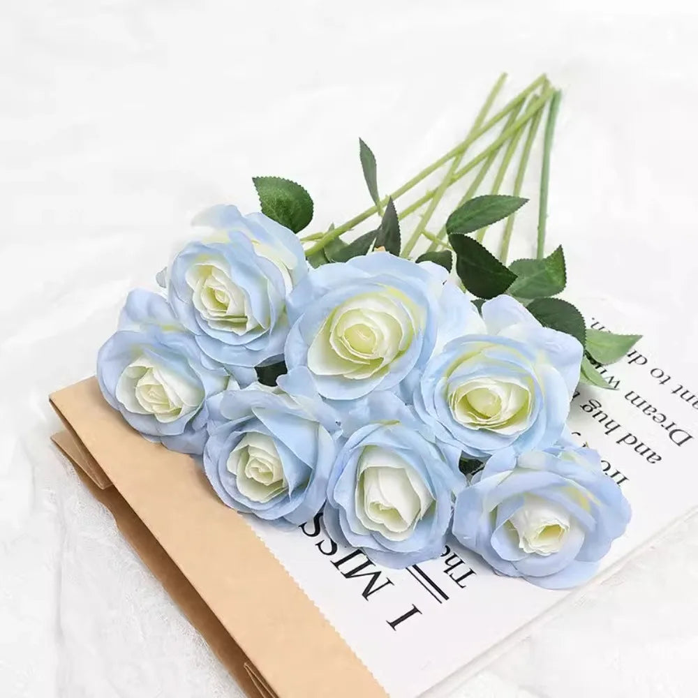 Tulip Rose Artificial Silk Flower Bouquet – 3/5 Pcs Home & Wedding Artificial Flower Bouquet Babs Blue 3Pcs