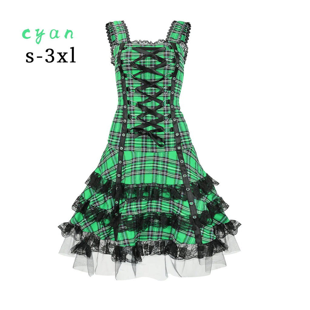Lolita Gothic Plaid Midi Dress – Lace Ruffle Cosplay Costume Gothic Lolita Dress Babs green M China Mainland