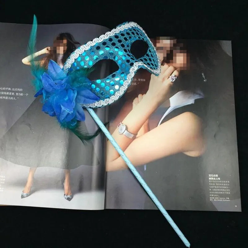 10pcs Sequin Feather Masquerade Masks on Stick for Women Masquerade Mask Set Babs