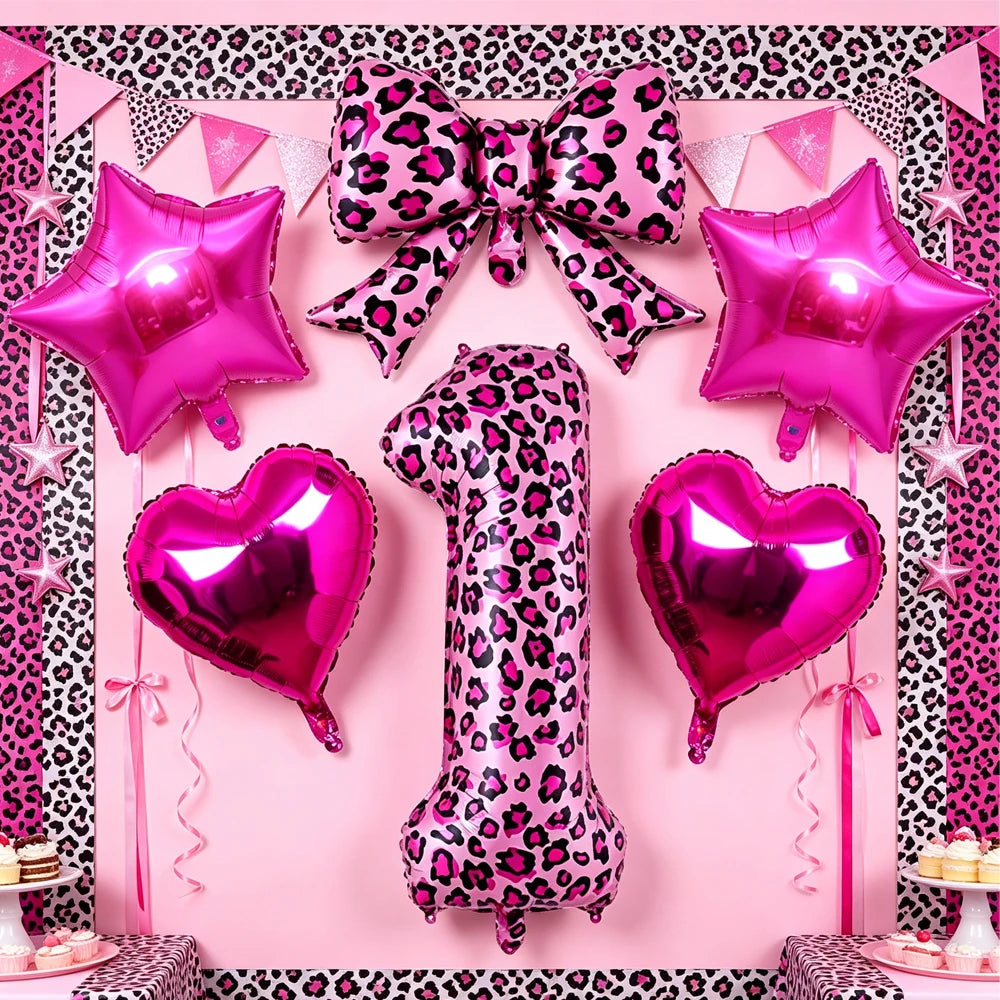 Pink Leopard Print Foil Balloon Set – 6-Piece Birthday Decor Party Balloon Set Babs