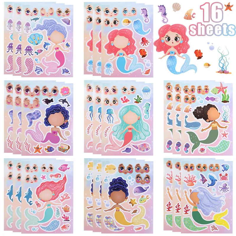 Mermaid DIY Face Sticker Puzzle – Kids Birthday Party Game Kids Sticker Puzzle Babs 16Sheets