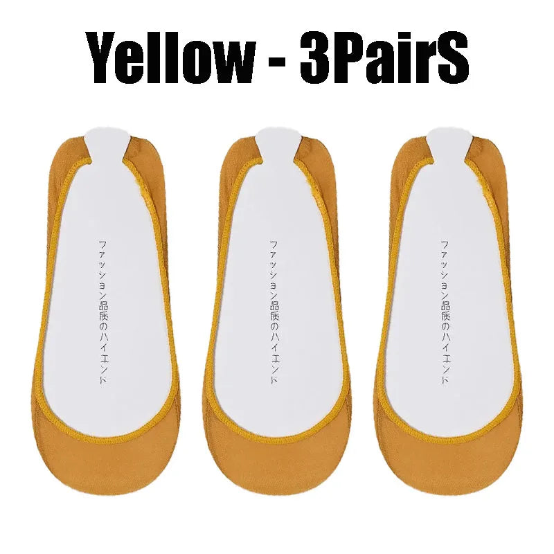 Women's Invisible No-Show Socks – Ice Silk Silicone Non-Slip No-Show Boat Socks Babs Yellow - 3PairS 1XL