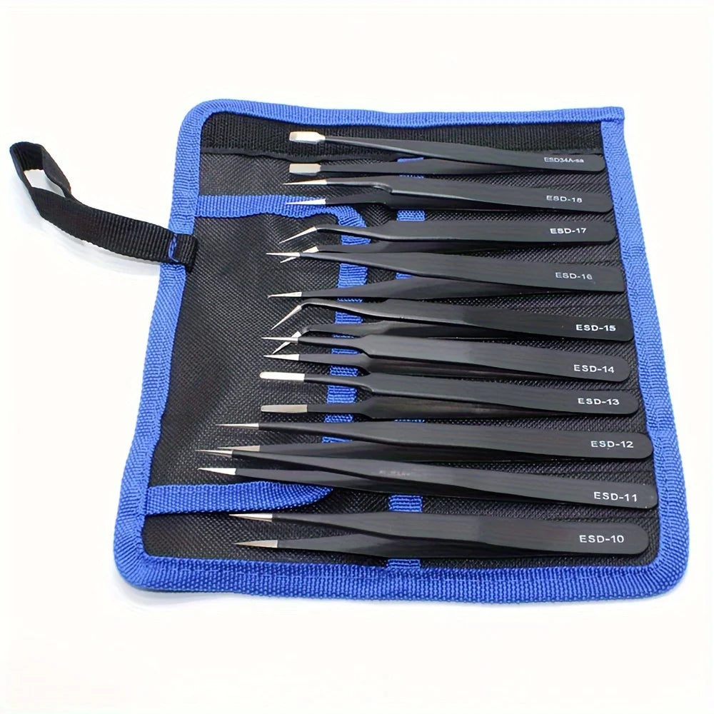 10Pc Precision Anti-Static Stainless Steel Tweezers Set Precision Tweezers Set Babs